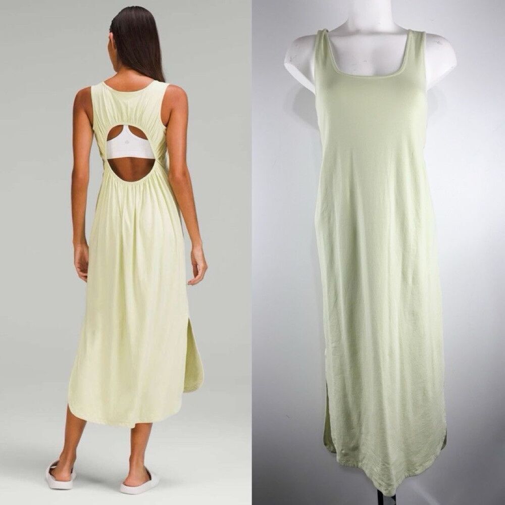 LULULEMON PIMA COTTON OPEN BACK MIDI DRESS, Dewy Green Outdoor Comfort - Picture 1 of 5